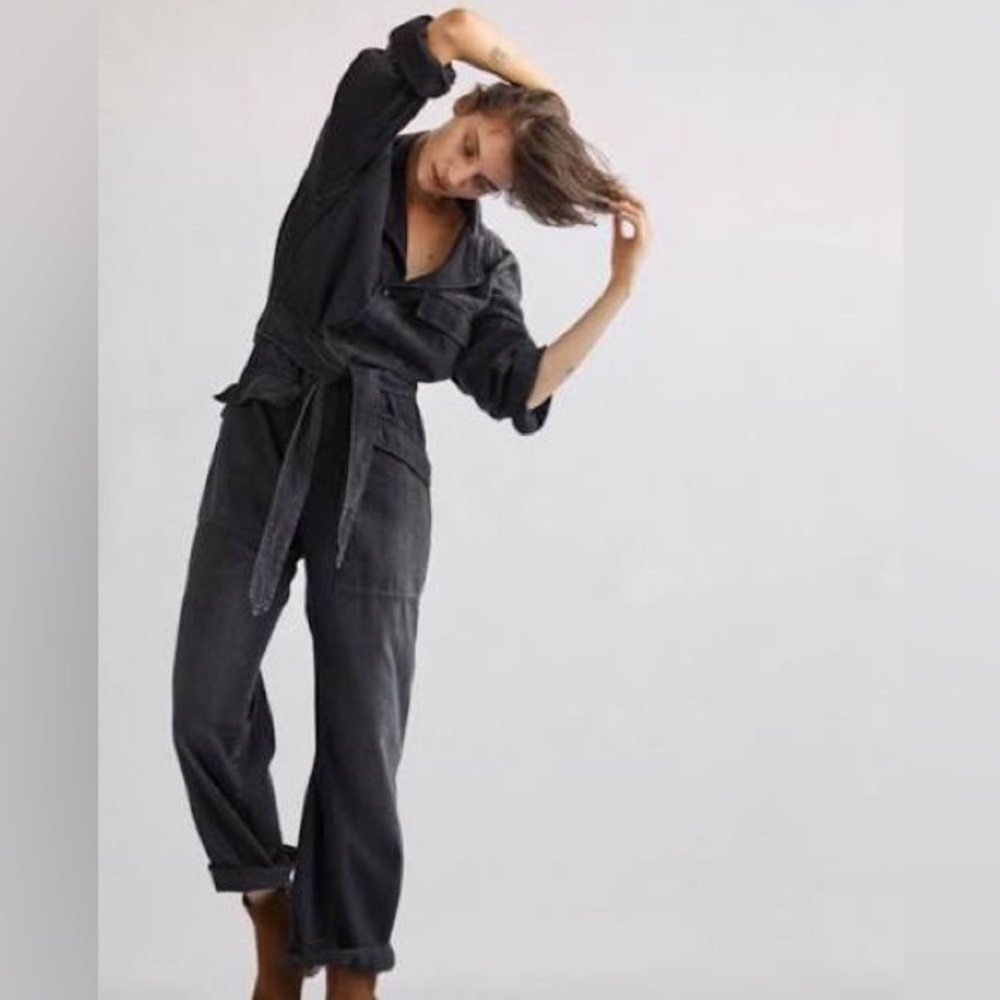 Nili Lotan Dark Navy Blue Grey Utility Style Cotton Linen Jumpsuit Coveralls XS